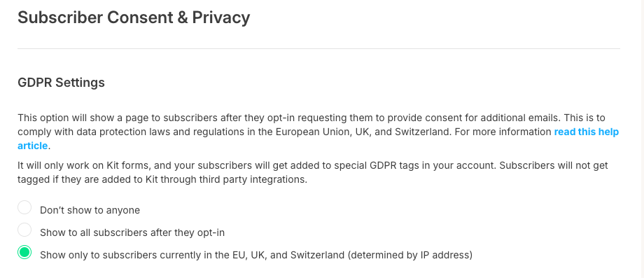 Kit GDPR double opt-in settings screenshot