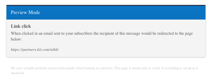 Kit link click preview mode redirect screenshot