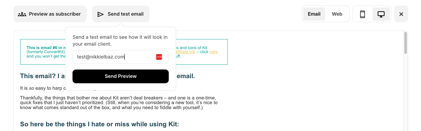 Kit send test email steps screenshot